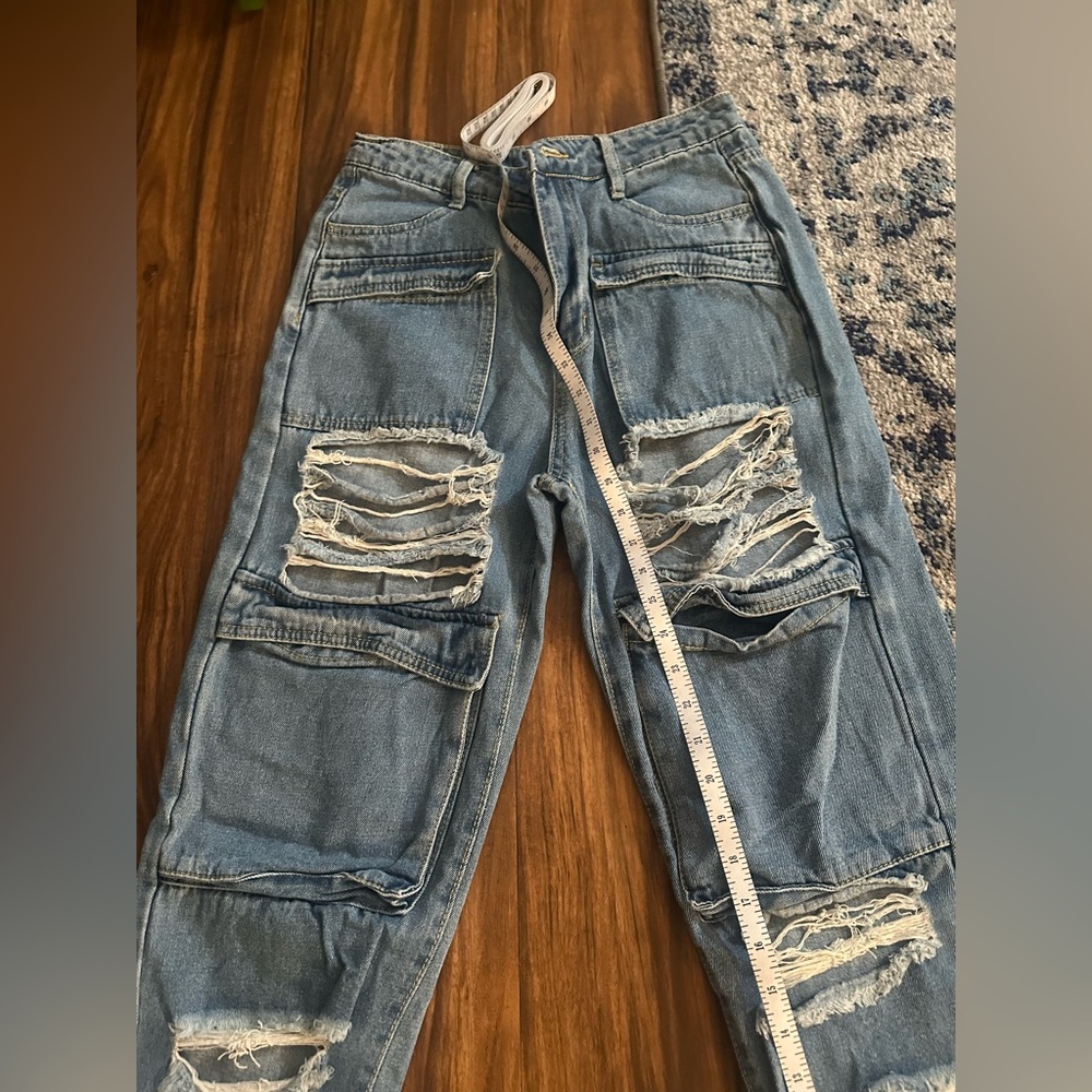 Distressed Light Blue Ripped Patchwork Jeans - Picture 2 of 5